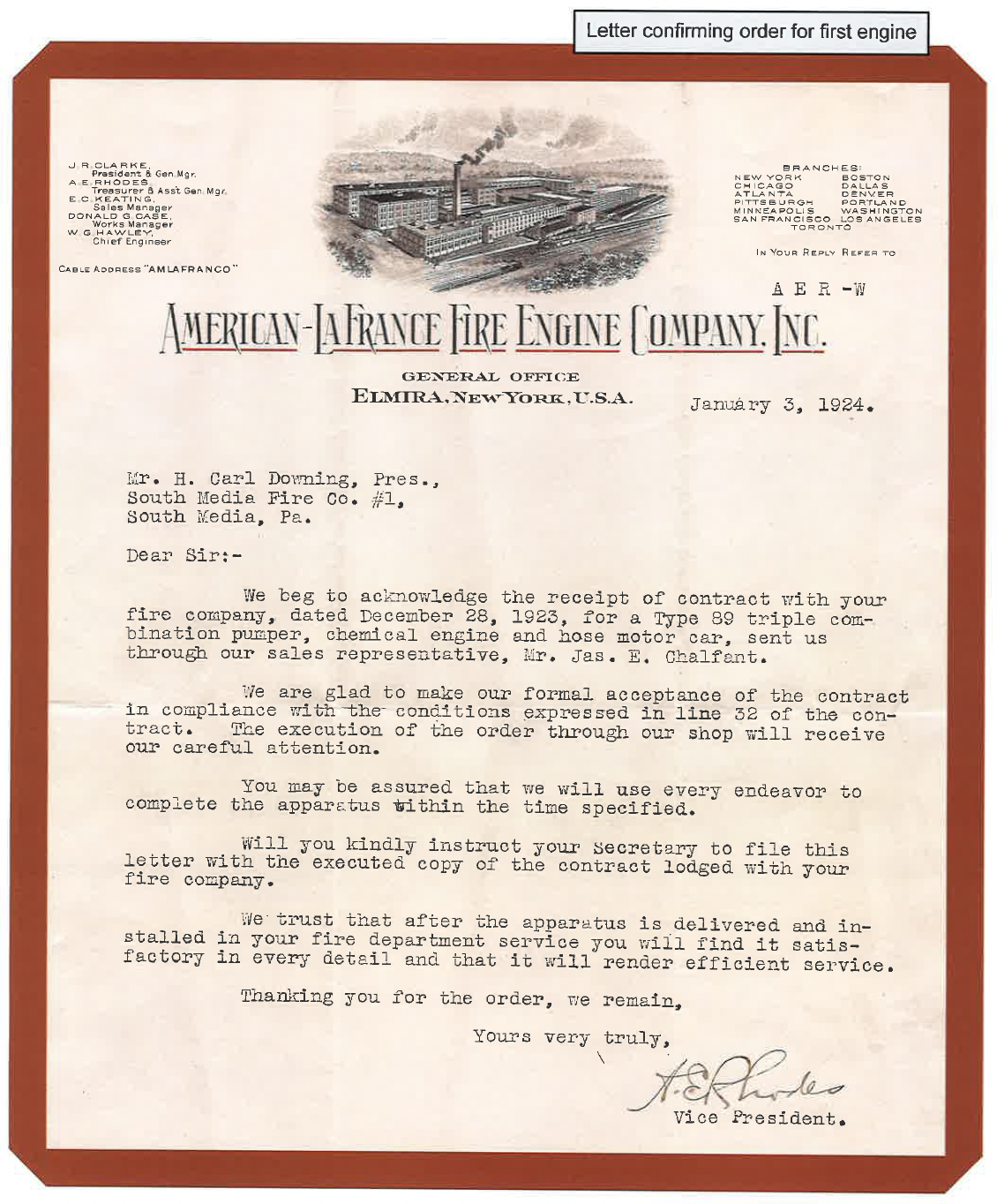 1924 Letter confirming first engine